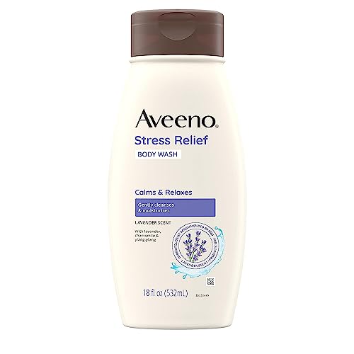 Aveeno Stress Relief Body Wash with Nourishing Oat & Lavender Scent for Sensitive Skin, Gently Cleanses & Helps You Feel Calm & Relaxed in the Shower, Soap-Free, 18 fl. oz