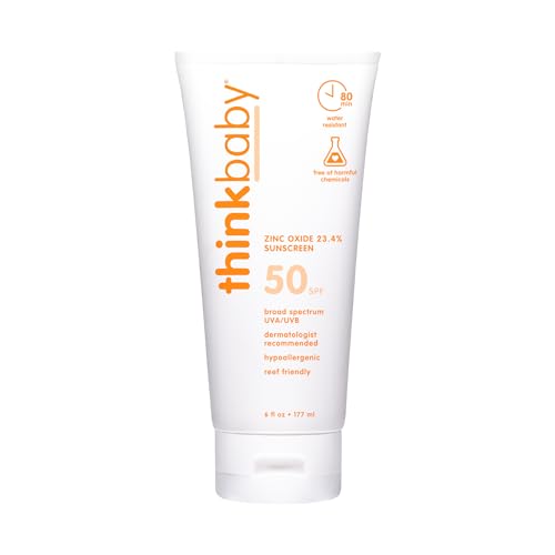 Thinkbaby SPF 50+ Baby Mineral Sunscreen – Safe, Natural Sunblock for Babies - Water Resistant Sun Cream – Broad Spectrum UVA/UVB Sun Protection – Vegan Baby Sunscreen Lotion, 6 Oz.