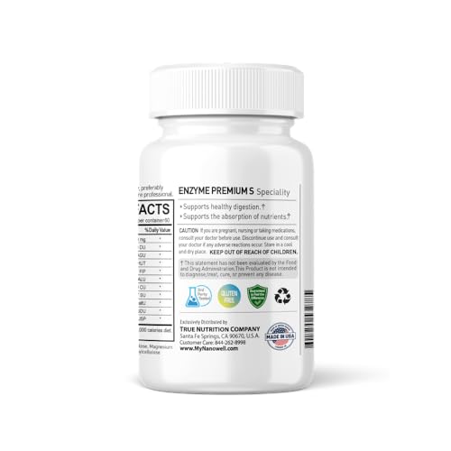 NANOWELL Enzyme Premium S - Digestive Health Multi-Enzyme Supplement with 10 Enzymes, Including Bromelain and Papain - 60 Capsules, 60-Day Supply