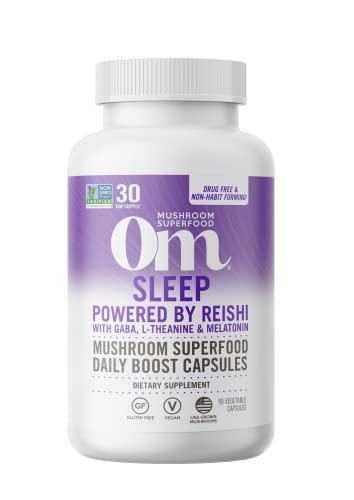 OM MUSHROOM SUPERFOOD Sleep Mushroom Capsules Superfood Supplement, 90 Count, 30 Days, Reishi, GABA, L-Theanine, Melatonin for Rest & Sleep Quality Superfood Supplement