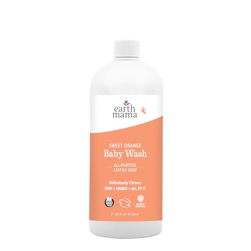Earth Mama Sweet Orange Baby Wash Liquid Hand Soap Refill, Organic Body Wash for Sensitive Skin, All Purpose Castile Soap Liquid with Coconut Oil, Shea Butter, Calendula & Aloe, 34 fl oz