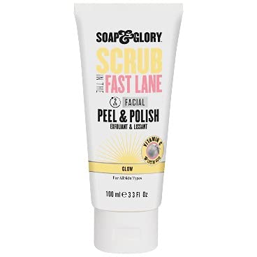 Soap & Glory Peel & Polish Two Minute Facial - Exfoliating Face Scrub with Vitamin C - Citrus Scented Brightening Face Exfoliator with Lactic Acid & Salicylic Acid (100 ml)