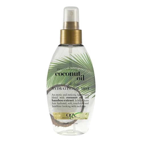 OGX Nourishing + Coconut Oil Weightless Hydrating Oil Hair Mist, Lightweight Leave-In Hair Treatment with Coconut Oil & Bamboo Extract, Paraben & Sulfate Surfactant-Free, 4 fl oz