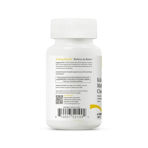 Seeking Health Kids Multivitamin Chewable, Formulated for Children’s Health, with L-5-MTHF L-Methylfolate, B12, Riboflavin, Vitamin A, Vegetarian (60 Chewable Tablets)*