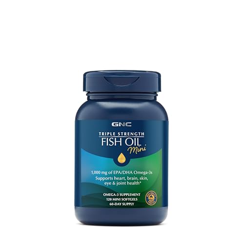GNC Triple Strength Fish Oil Mini Omega 3 Supplement, 1000mg EPA and DHA, Supports Heart, Brain, Skin, Eye and Joint Health, 120 Mini Softgels