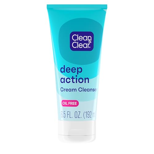 Clean & Clear Oil-Free Deep Action Cream Facial Cleanser, Cooling Daily Face Wash for Deep Pore Cleansing of Acne-Prone Skin, 6.5 oz (Pack of 2)