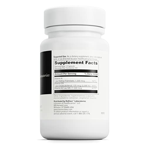 DaVinci Labs ADK - Helps Support Bone, Heart & Immune Health* - Dietary Supplement with Vitamins A, D3 & K2 (as MK-7) - Vegetarian, Gluten Free & Soy Free - 60 Capsules