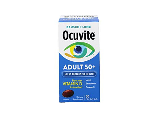 Ocuvite Eye Vitamin & Mineral Supplement, Contains Zinc, Vitamins C, E, Omega 3, Lutein, & Zeaxanthin, Bausch & Lomb Ocuvite Adult 50+ Eye Vitamin & Mineral Softgels, 50 Count (Packaging May Vary)