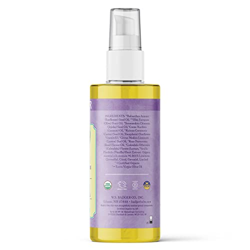 Badger Pregnant Belly Oil, Organic Stretch Mark Oil Soothes & Prevents Stretch Marks, Vegan Hypoallergenic Non-Greasy w/Jojoba, Coconut, Rose & Vanilla, 4 fl oz Glass Bottle