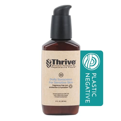 Thrive Natural Care Mineral Face Sunscreen for Sensitive Skin SPF 30, 2 Ounces - Moisturizing Unscented Sunscreen for Face - Broad Spectrum with Clear Zinc Oxide - Vegan