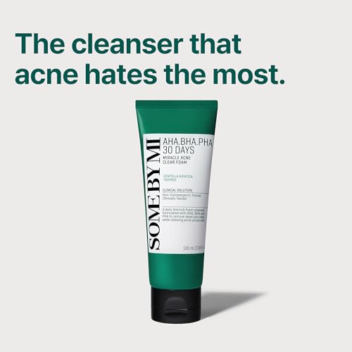 SOME BY MI AHA BHA PHA 30 Days Miracle Acne Clear Foam – 3.38oz, 100ml – Salicylic Acid Cleanser for Exfoliation & Sebum Control – Gentle Acne Face Wash for Smooth & Clear Skin - Korean Skin Care