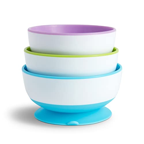 Munchkin Stay Put Suction Bowls for Baby and Toddler, 3 Pack, Blue/Green/Purple