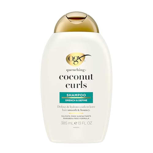 OGX Quenching + Coconut, Curl-Defining Shampoo, Hydrating & Nourishing Curly Hair Shampoo with Coconut Oil, Citrus Oil & Honey, Paraben, Sulfate-Free Surfactants, 13 floz