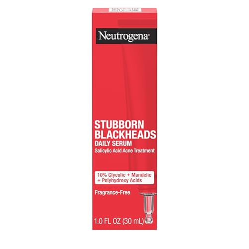 Neutrogena Stubborn Blackheads Daily Acne Facial Serum with Salicylic, Glycolic, Polyhydroxy & Mandelic Acids, Oil-Free Face Serum for Acne-Prone Skin to Help Clear Clogged Pores, 1 fl. oz