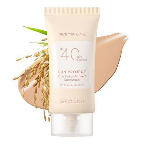 THANKYOU FARMER Sun Project Rice Tinted Mineral Sunscreen SPF40 Broad Spectrum - Korean Face Sunscreen with Zinc Oxide - Tinted SPF with No White Cast, Dermatologist-Tested - 1.69 fl oz