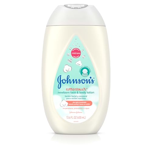 Johnson's CottonTouch Newborn Baby Face and Body Lotion, Hypoallergenic Moisturization for Baby's Skin, Made with Real Cotton, Paraben-Free, Dye-Free, 13.6 fl. oz
