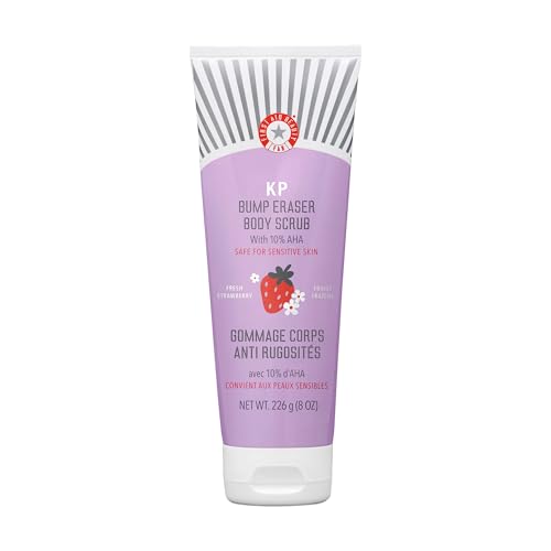 First Aid Beauty - KP Bump Eraser Body Scrub with 10% AHA, Keratosis Pilaris Exfoliator with Glycolic and Lactic acids, Helps Reduce Chicken Skin Bumps, Safe for Sensitive Skin, Strawberry Scent, 8 oz