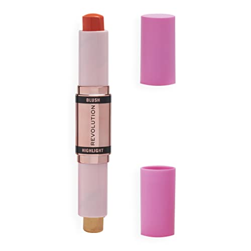 Makeup Revolution- Blush & Highlight Stick- Coral Dew | Creamy, blendable matte blush | Highlighter to lift the cheeks | Add dimension & create shadows - 4.3 g
