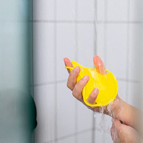 Boie USA Flat Body Scrubber - Soft Silicone-Like Exfoliating Shower Scrubber & Body Cleansing Brush - Stick-to-Wall Loofah Replacement - Body Exfoliator for All Skin Types - Yellow