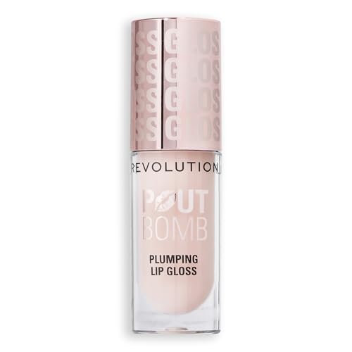 Revolution Beauty, Pout Bomb Plumping Lip Gloss, High-Shine for Glossy, Fuller & Plump Lips with Hyaluronic Acid & Peptides, Vegan & Cruelty-Free, Sheer Milky Nude, 0.15 Fl Oz