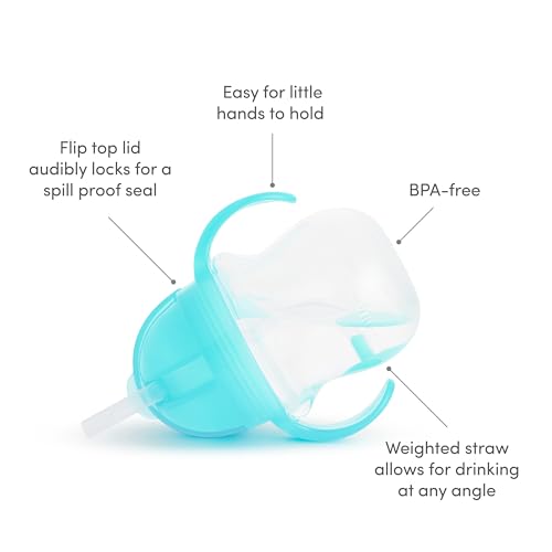 Munchkin Any Angle Sippy Cups for Toddlers, Spill Proof Weighted Straw Cup with Transition Handles for Babies 6 Months and Up, 2 Pack, Blue/Green
