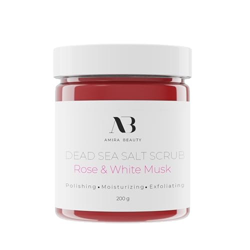 Amira Beauty Dead Sea Salt Body Scrub | Foaming Shower Scrub with Organic Essential Oils | Exfoliates and Moisturizes Skin | 7 OZ (Rose & White Musk)