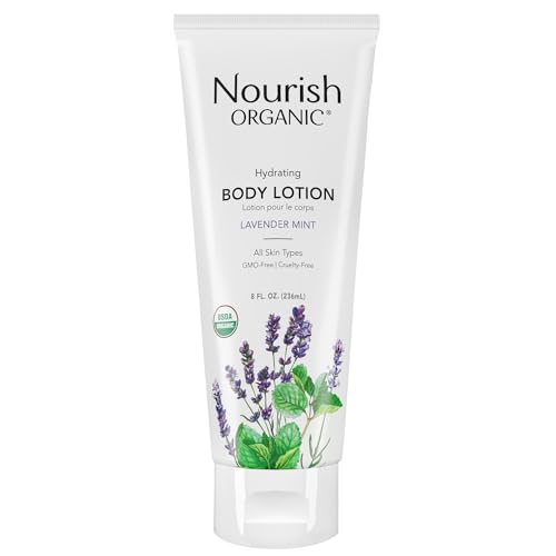Nourish Organic Body Lotion, Lavender Mint – Hydrating Body Lotion for Dry Skin with Certified Organic Aloe Vera, Shea Butter, Coconut Oil & Cocoa Butter (8 Oz) + Washable Cotton Round