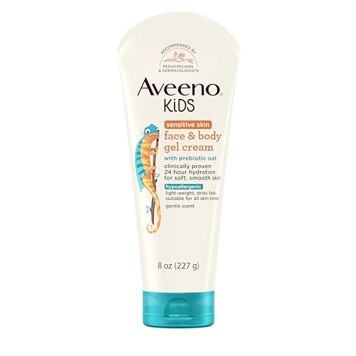 Aveeno Sensitive Skin Face & Body Gel Cream for Kids with Prebiotic Oat, Clinically Proven 24 Hour Hydration for Soft Skin, Quick Drying and Lightweight, Hypoallergenic, 8 oz