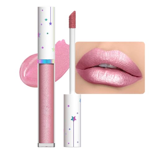 evpct 1Pcs Nude Light Pink Metallic Shimmer Glitter Lip Gloss Liquid Lipstick Long Lasting Waterproof 24, Glitter Pearlescent Metallic Sparkly Glossy Liquid Lipsticks Lip Stain Makeup Set for Women 09