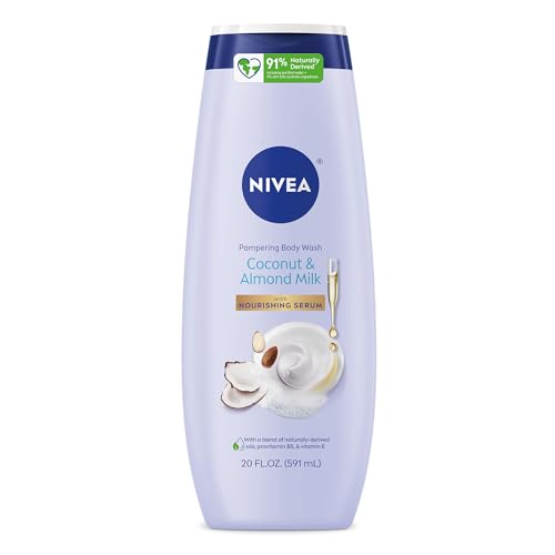NIVEA Pampering Coconut and Almond Milk Body Wash with Nourishing Serum, Moisturizing Body Wash for Women, Enriched with Provitamin B5 and Vitamin E, 20 Fl Oz Bottle