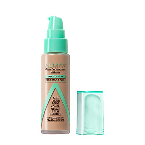 Almay Clear Complexion Acne Foundation Makeup with Salicylic Acid, Medium Coverage, Soft Matte Finish, Hypoallergenic, Cruelty- & Fragrance-Free, Dermatologist Tested, 500 Fresh Beige, 1 fl oz
