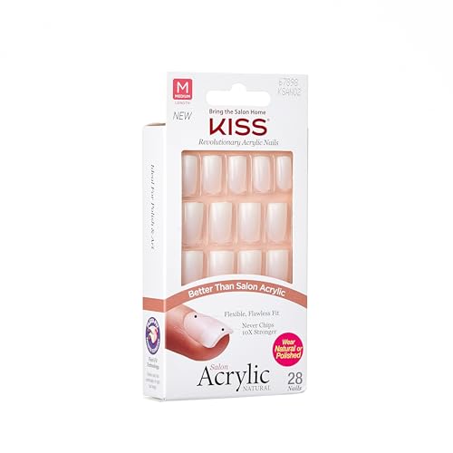 KISS Salon Acrylic, Press-On Nails, Nail glue included, 'Euphoria', French, Medium Size, Square Shape, Includes 28 Nails, 2g Glue, 1 Manicure Stick, 1 Mini File