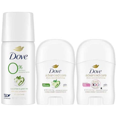 Dove Travel Deodorant for Women Variety 3-Pack – Advanced Care Invisible, Cool Essentials Mini, Cucumber & Green Tea Spray