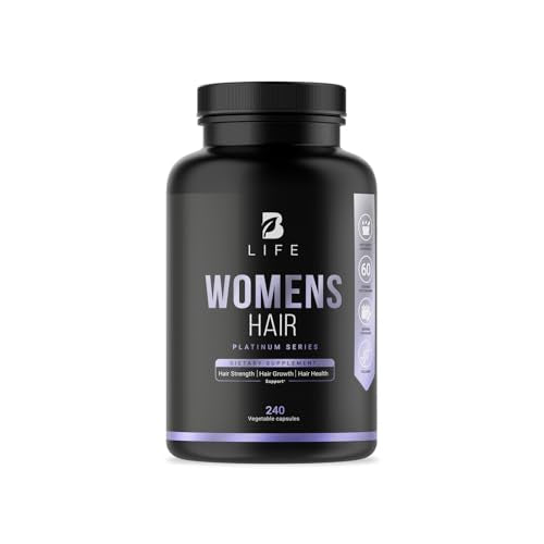 Women's Hair Growth Supplement with Natural Ingredients: Biotin, Hydrolyzed Collagen I & III and Amino Acids | 240 Caps - 60 Days - 10,000 mcg Biotin per Serving | Made in The USA by B Life.