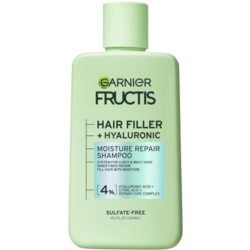 Garnier Fructis Hair Filler Moisture Repair Shampoo, Sulfate Free Shampoo for Curly, Wavy Hair with Hyaluronic Acid, 10.1 Fl Oz, 1 Count