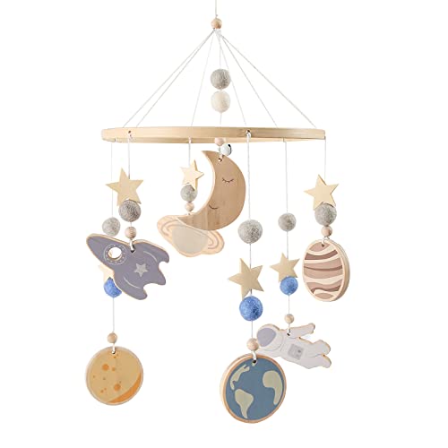 Space Nursery Mobile - Wooden Baby Mobile - Solar System Crib Mobile Astronaut Space Theme Nursery Bed Decoration, Gift for Newborn (Blue)