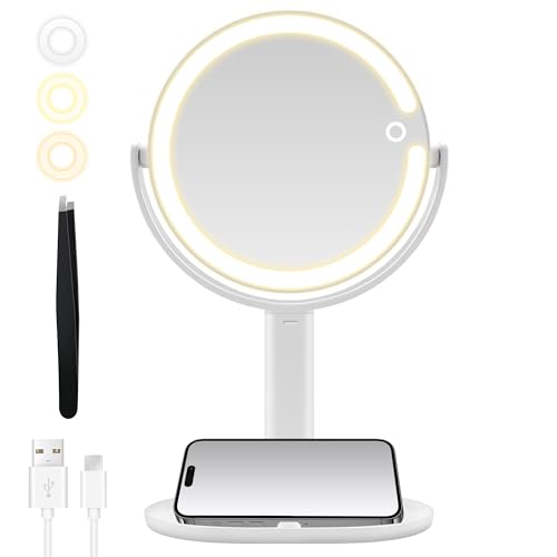 MOMOKUBA Makeup Mirror with Lights, Double Sided 1x/20x Magnifying Mirror with Light, Rechargeable 3 Color Lights and Adjustable Brightness, 360° Rotation Detachable Comes with Tweezer(White)
