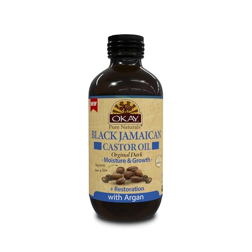 OKAY Pure Naturals Black Jamaican Castor Oil with Argan Oil - Castor for Hair Health, Moisture for Skin, Face, Scalp, Eyelashes, Eyebrows, for Men & Women - 4 Fl Oz Glass Bottle (1 Pack)