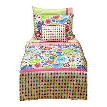 Bacati - Botanical Sanctuary Multicolor Pink 4 Piece Girls Toddler Bedding Set, 100 Percent Cotton Includes Reversible Comforter, Fitted Sheet, Top Sheet, and Pillow Case