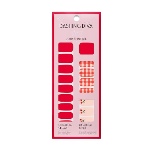 Dashing Diva Gloss Nail Strips - Cherry Please - UV Free, Chip Resistant, Long Lasting Gel Nail Stickers - 3-Piece Manicure Set - Contains 32 Wraps, 1 Prep Pad, 1 File