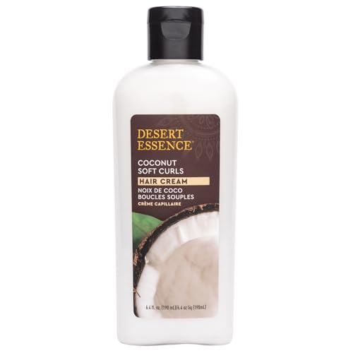 Desert Essence Coconut Soft Curls Hair Cream - Botanically-Based Curl Cream for Curly Hair - Silicone-Free - Hydrating with Coconut Oil, Black Oat Extract - Vegan, Gluten-Free, Cruelty-Free, 6.4 oz