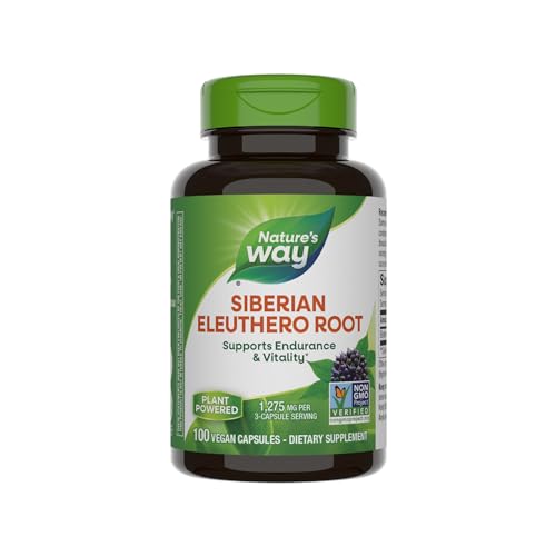 Nature's Way Premium Herbal Siberian Eleuthero Root Supplement, Supports Endurance & Vitality*, Adaptogen*, 1,275mg per 3-Capsule Serving, Non-GMO Project Verified, 100 Capsules (Packaging May Vary)