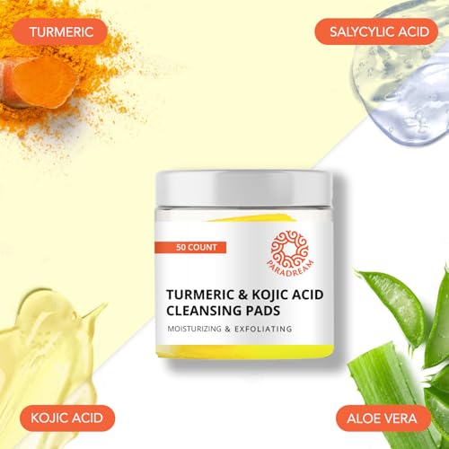 Paradream Turmeric Kojic Cleansing Pads: Turmeric Face Exfoliating Pads for Acne Scars Skin Fades Skin Firming - Cleaning Pad with Turmeric and Kojic - Deep Clean Pores 45PCS