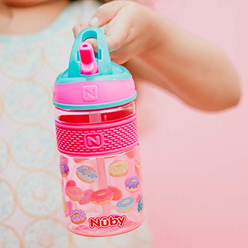 Nuby Thirsty Kids Flip-it Freestyle On the Go Water Bottle with Bite Resistant Hard Straw Cup and Easy Grip Band, Pink Donuts, 12 Ounce