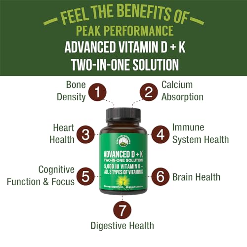 Peak Performance Advanced Vitamin D 5000 IU with All 3 Types of Vitamin K Vitamin D3 and Vitamin K2, K1, MK-7 (MK7), MK4 Supplement. 60 Small and Easy to Swallow Vegetable Pills (5000 IU)