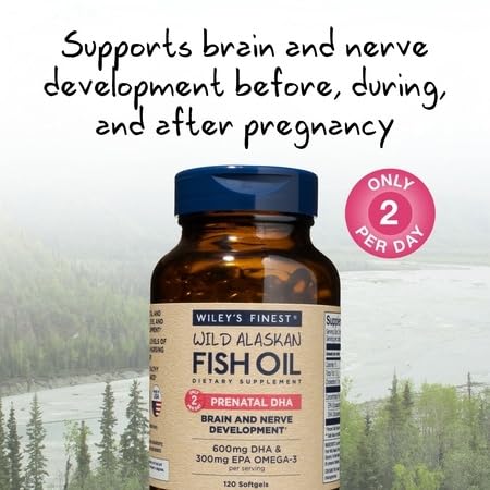 Wiley's Finest Wild Alaskan Fish Oil Prenatal DHA - 900mg EPA and DHA Omega-3s for Pregnant Women and Nursing Mothers - 120 Softgels (60 Prenatal Vitamin Servings)