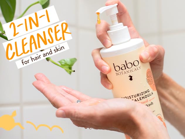 Babo Botanicals Moisturizing Oat & Calendula 2-in-1 Shampoo & Wash - For Dry or Sensitive Skin - For all ages - Lightly Scented - Vegan - 16 Fl Oz - 2-Pack