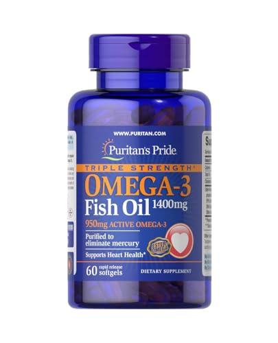 Puritan's Pride Triple Strength Omega-3 Fish Oil 1400mg, Active Omega-3 950mg, Dietary Supplement for Heart, Joint, and Cellular Health Support, 240 Rapid Release Softgels (Packaging May Vary)