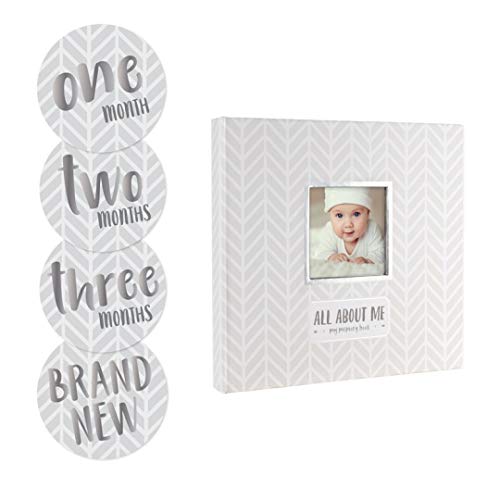 Pearhead Herringbone Baby Memory Book with Included Baby Belly Stickers, Modern Baby Keepsake Journal With Monthly Milestone Stickers, 5 Year Baby Book, Gender-Neutral Gift For New And Expecting Moms