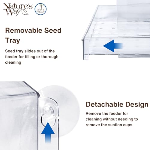 Nature's Way Win-3 Clear View Window Bird Feeder with Strong Suction Cups, Transparent Outdoor Wild Bird Seed Feeder and Décor, 2 Cup Capacity, Clear, 6.5